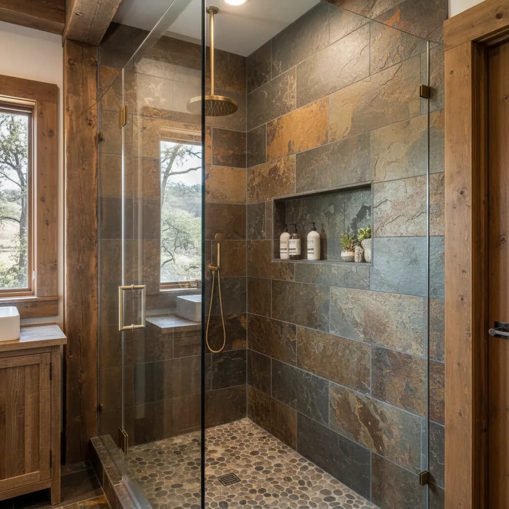 Slate-tile walk-in shower with a pebble floor and recessed niche behind a glass door, beside a window and a wood vanity