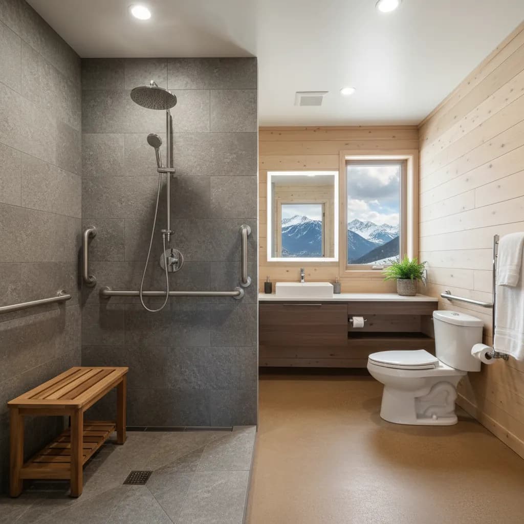 Mountain-home bathroom with a gray stone-tile shower, grab bars and a teak bench, knotty-pine wall paneling, and a window looking out to snowy peaks