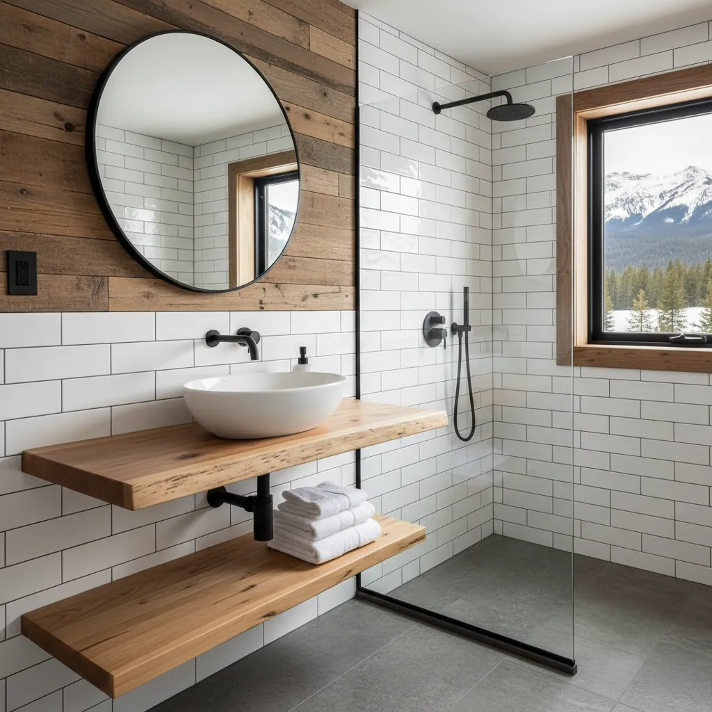 Cabin bathroom with a vessel sink on floating wood shelves, a round mirror, a white subway-tile walk-in shower and a window to a snowy peak