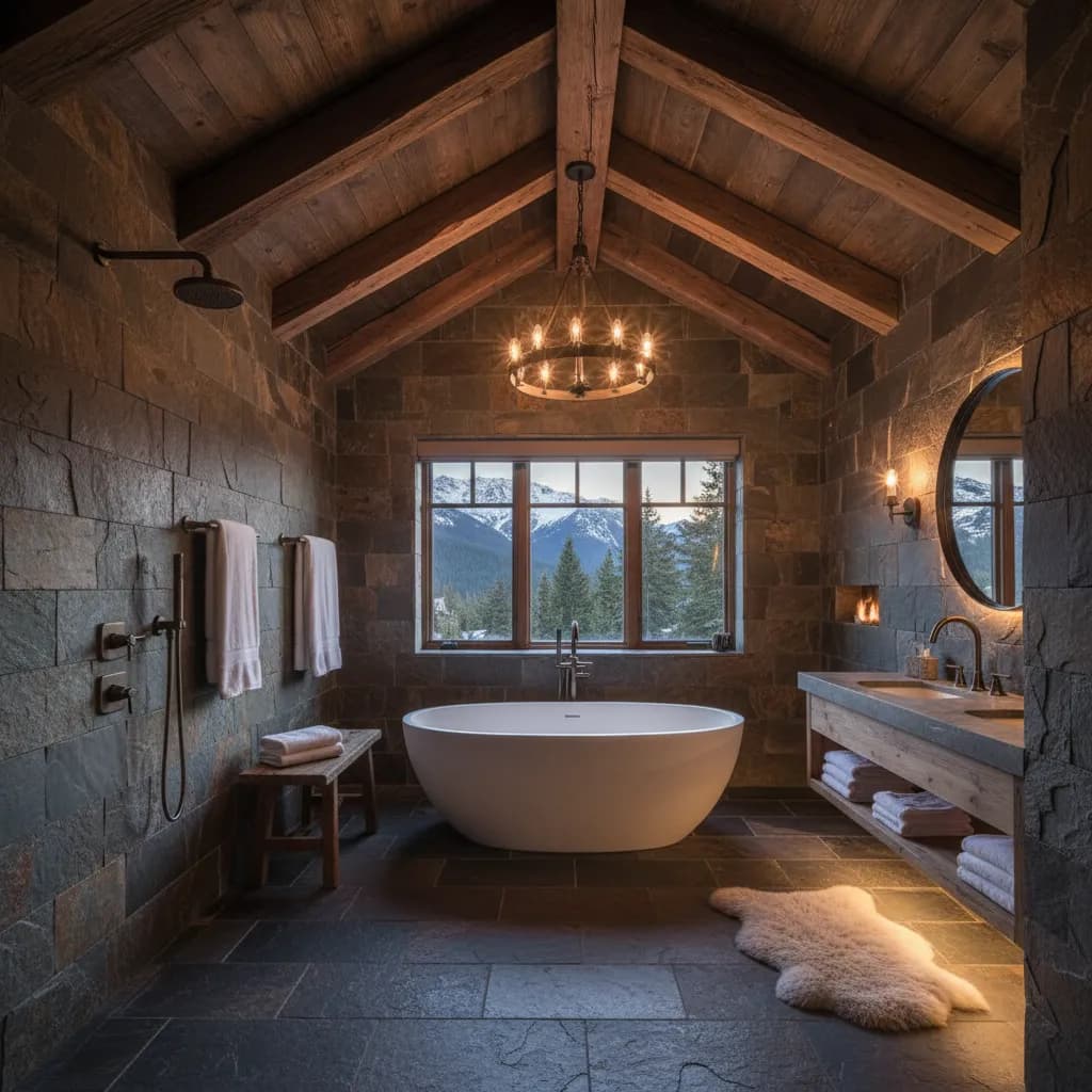 Stone-walled bathroom with a vaulted timber ceiling and iron chandelier, a freestanding tub under a window facing pines and mountains, and a wood vanity