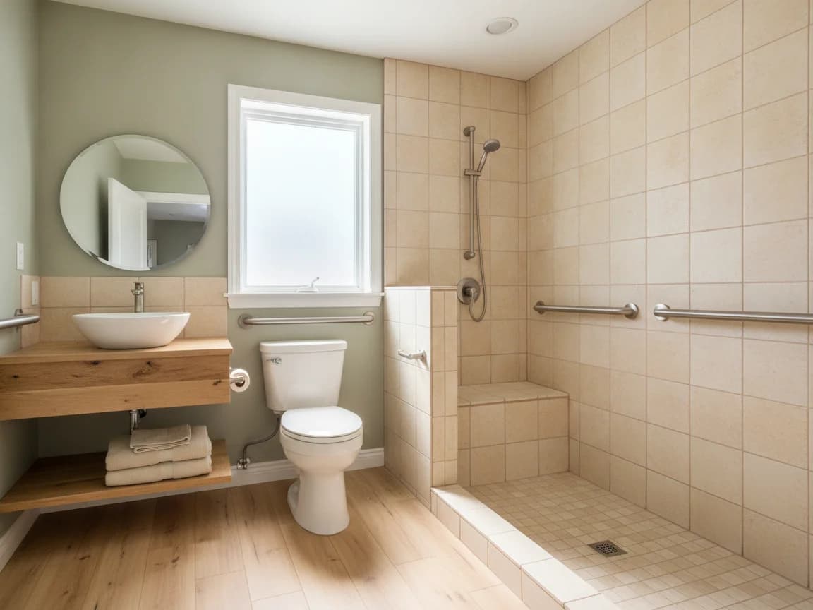 Accessible bathroom with a low-curb shower in cream tile, a built-in tiled bench, brushed nickel grab bars and a slide-bar hand shower, a floating wood counter with a vessel sink, a round mirror and sage green walls