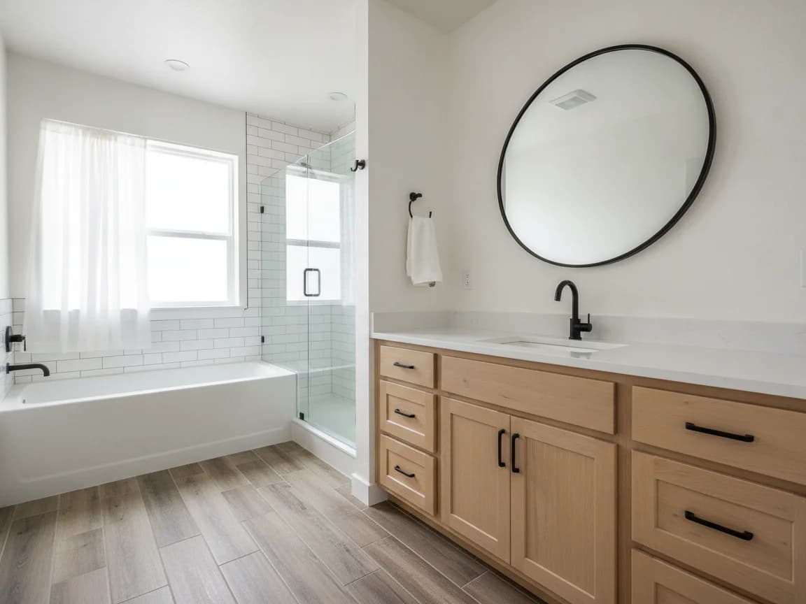 Guest bathroom with a tub in white subway tile with a glass shower panel, a light wood vanity with a black faucet, a round black mirror, a wood-look floor and a sheer-curtained window