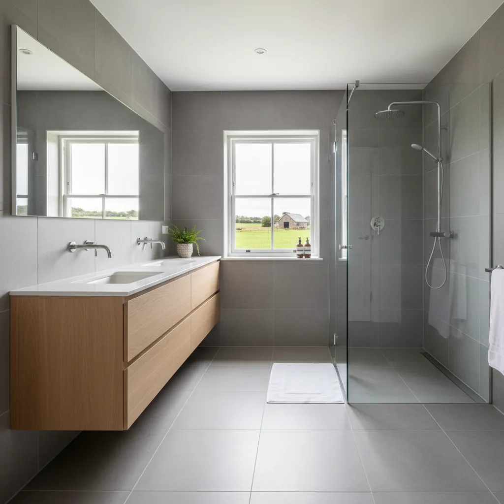 Bathroom with a floating light-wood vanity, a wide mirror, a glass walk-in shower in gray tile and two windows looking out to open fields