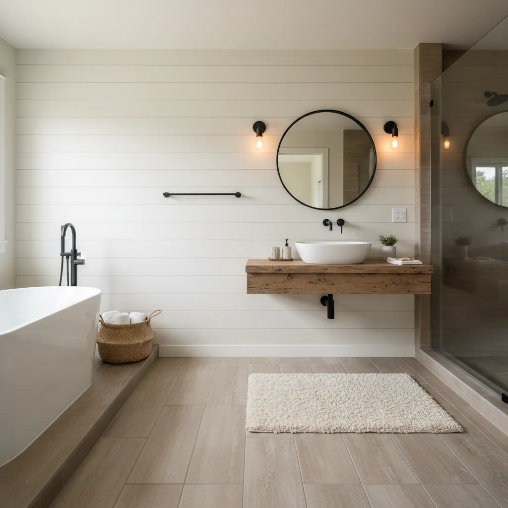 Farmhouse-style bathroom with white shiplap walls, a vessel sink on a floating wood shelf, a round black mirror, a matte black floor faucet and a freestanding tub