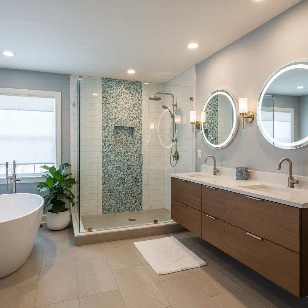 Bathroom with a floating wood double vanity, round lighted mirrors, a glass shower with a blue glass-mosaic accent strip and a freestanding tub