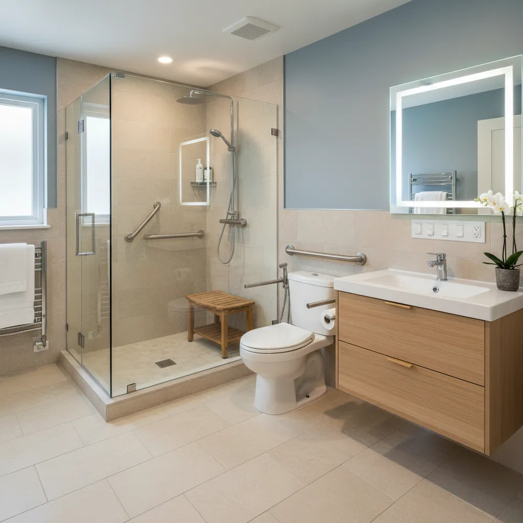 Accessible bathroom with a glass shower fitted with grab bars and a teak stool, a floating wood vanity, a lighted mirror and a grab bar beside the toilet