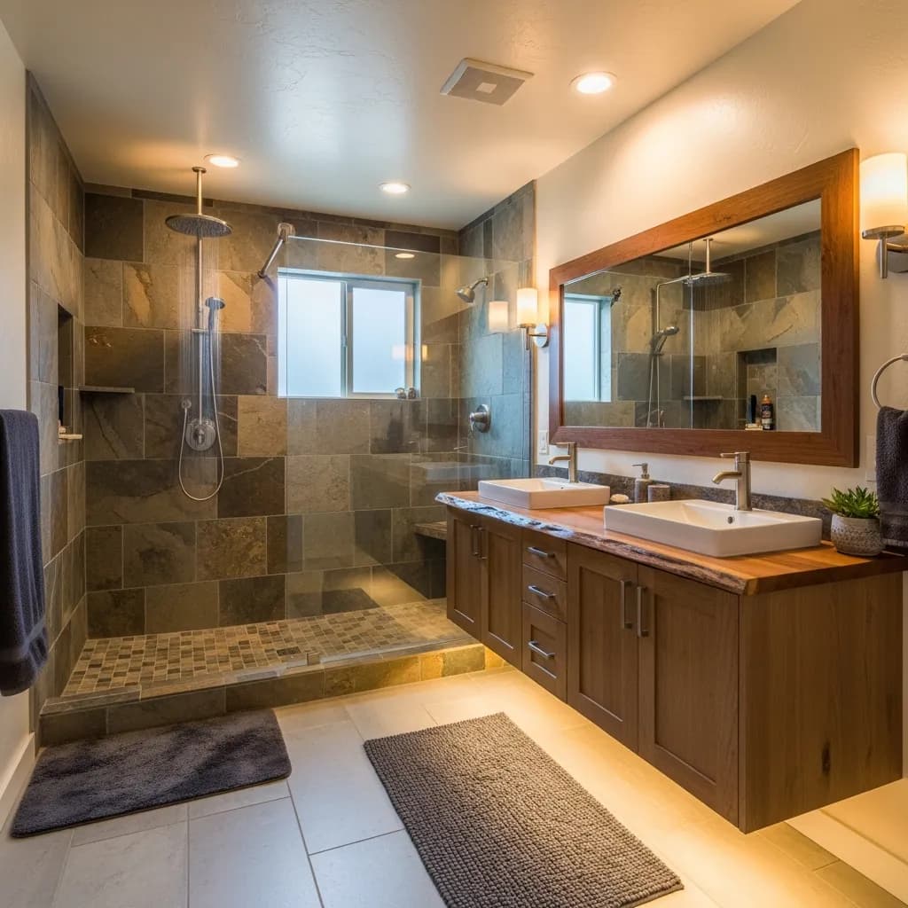 Bathroom with a slate-tile walk-in shower behind glass, a wood double vanity with two white vessel sinks under a wide wood-framed mirror, and warm under-cabinet lighting