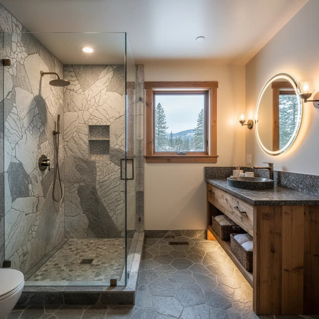 Mountain bathroom with a stone mosaic shower behind frameless glass, a recessed niche and pebble floor, a wood vanity with a granite top and vessel sink, a round backlit mirror and a window onto snowy pines