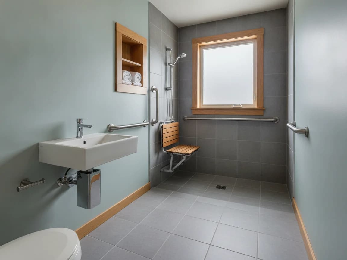 Accessible bathroom with a curbless roll-in shower in gray tile, a fold-down teak seat, grab bars and a slide-bar hand shower, a wall-mounted sink with open knee space, a wood-lined niche and a frosted window