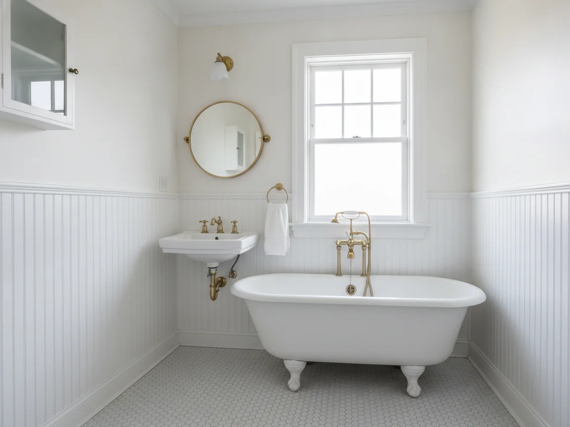 White clawfoot tub with a brass filler, a wall-mounted sink with brass fittings, white beadboard wainscot, a round brass mirror and white hexagon floor tile under a double-hung window