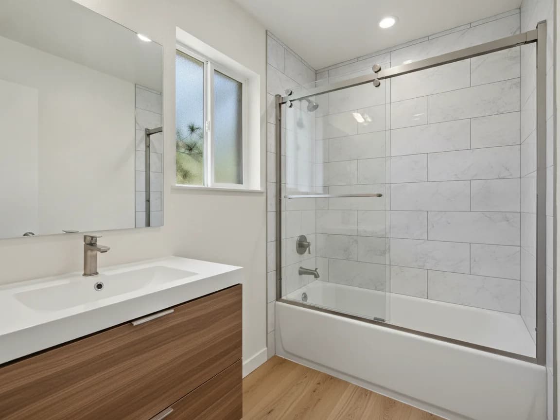 Hall bathroom with a white tub behind a sliding glass door in marble-look tile, a walnut vanity with an integrated white top, a light wood floor and a window