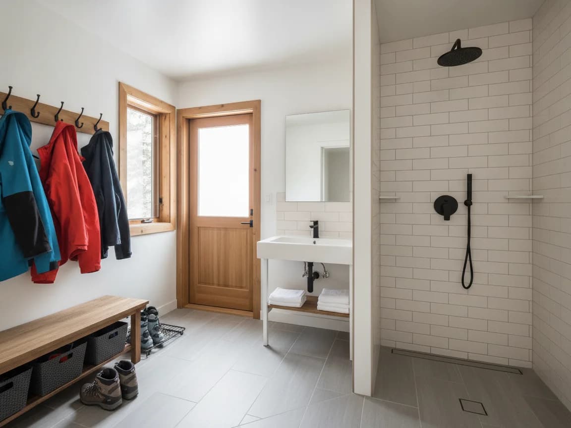 Bathroom off a boot room with ski jackets on wall hooks and a bench of boots, a white subway-tile shower with black fixtures and a linear drain, and an open white vanity