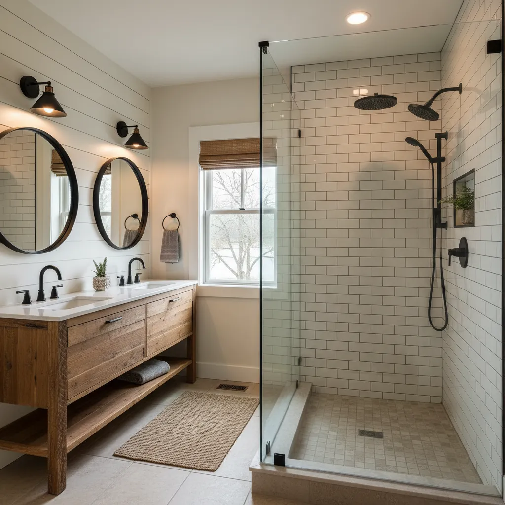 Bathroom with a wood double vanity, two round mirrors and a subway-tile walk-in shower with black fixtures behind glass