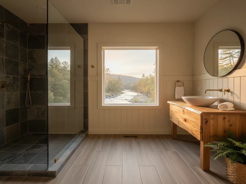 Dark stone glass shower beside a wood vanity with a vessel sink, a round mirror and a window onto trees