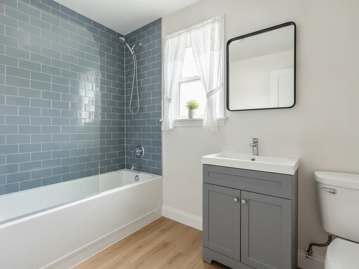 Hall bathroom with a white alcove tub in blue-gray subway tile with a chrome hand shower, a gray shaker vanity with a white sink, a black-framed mirror, a wood-look floor and a window with sheer curtains