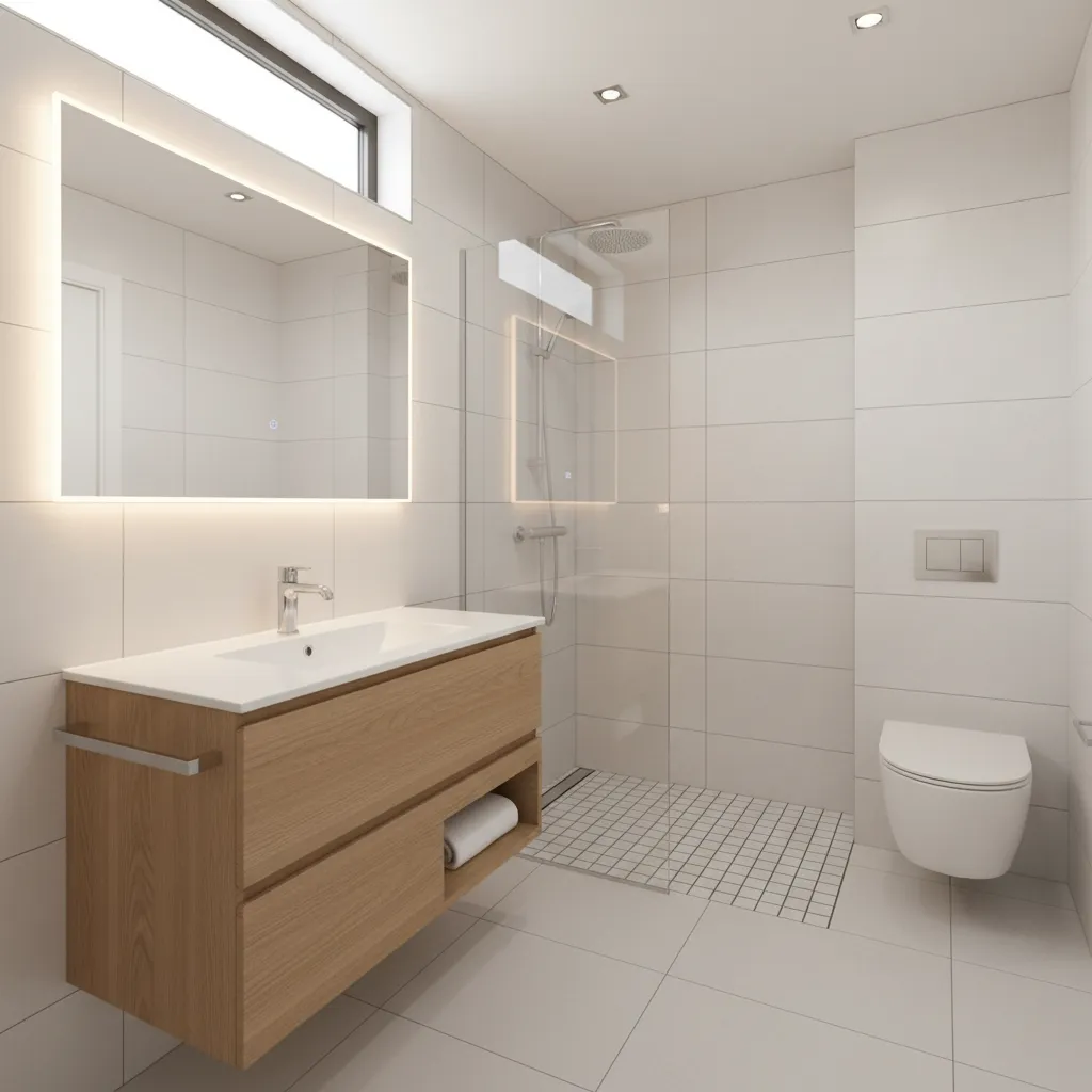 Contemporary McClellan Park bathroom with coated glass shower enclosure and brushed fixtures