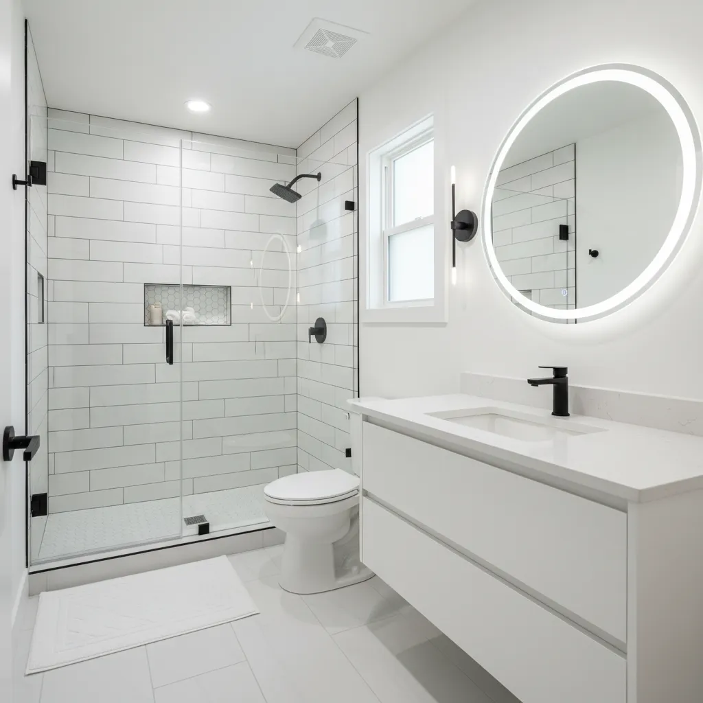 Rebuilt shower in a compact McClellan Park bathroom with large-format tile and a recessed niche