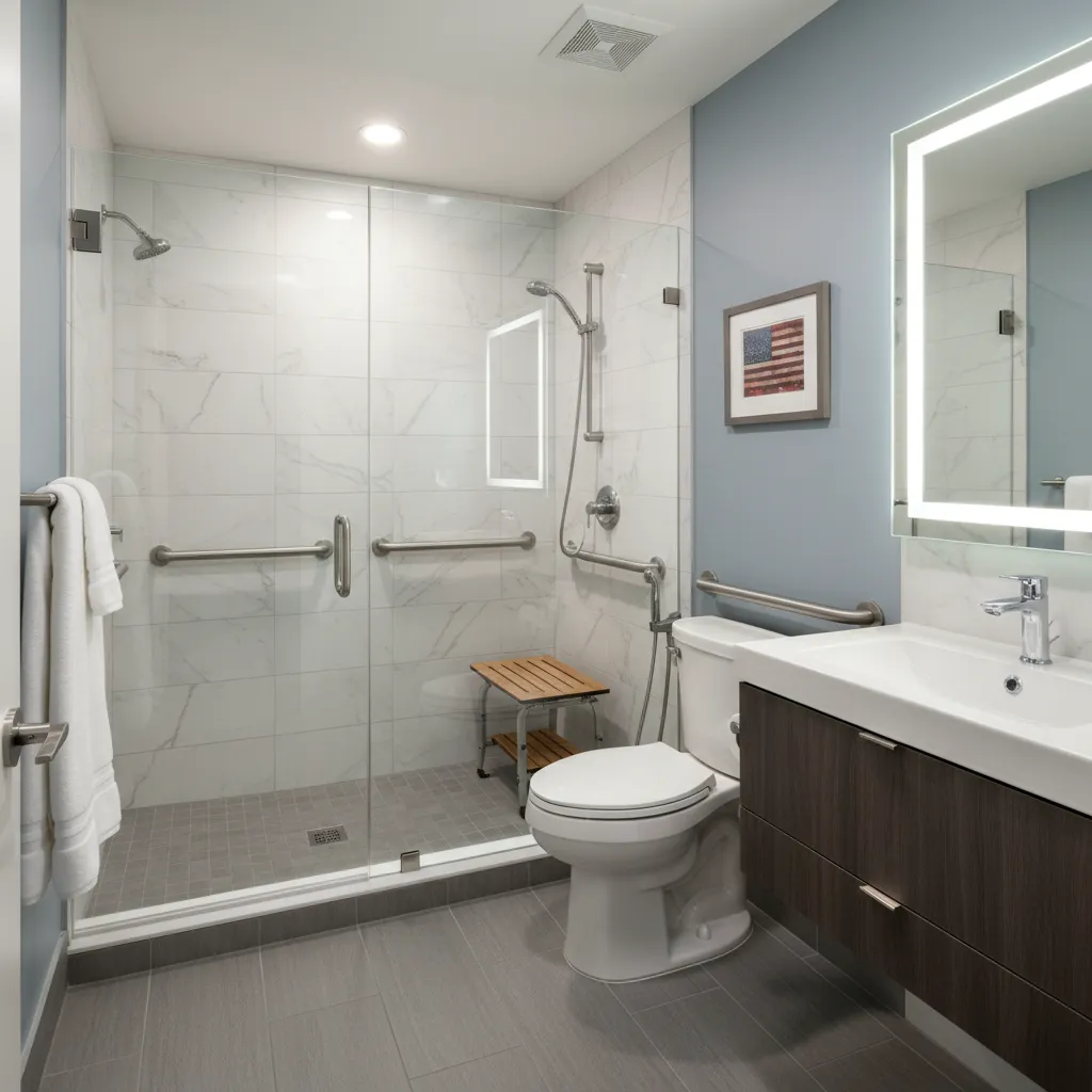 Accessible walk-in shower in a McClellan Park home with grab bars, fold-down seat and hand shower