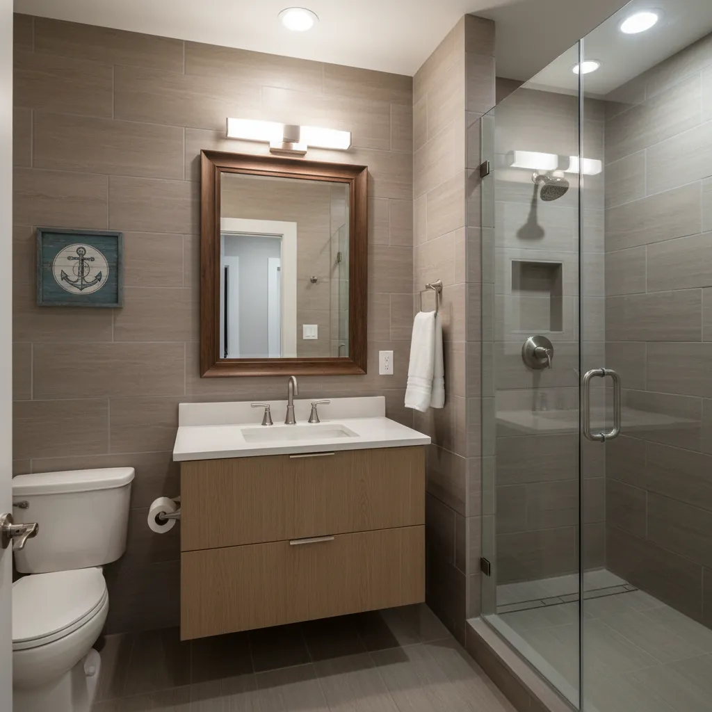 Transitional full bathroom remodel in McClellan Park with warm wood vanity and large-format tile