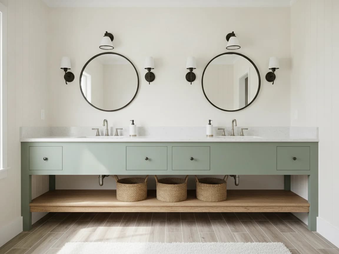 Sage green double vanity with a white quartz top, an open lower shelf with woven baskets, two round black-framed mirrors, black sconces and a wood-look floor