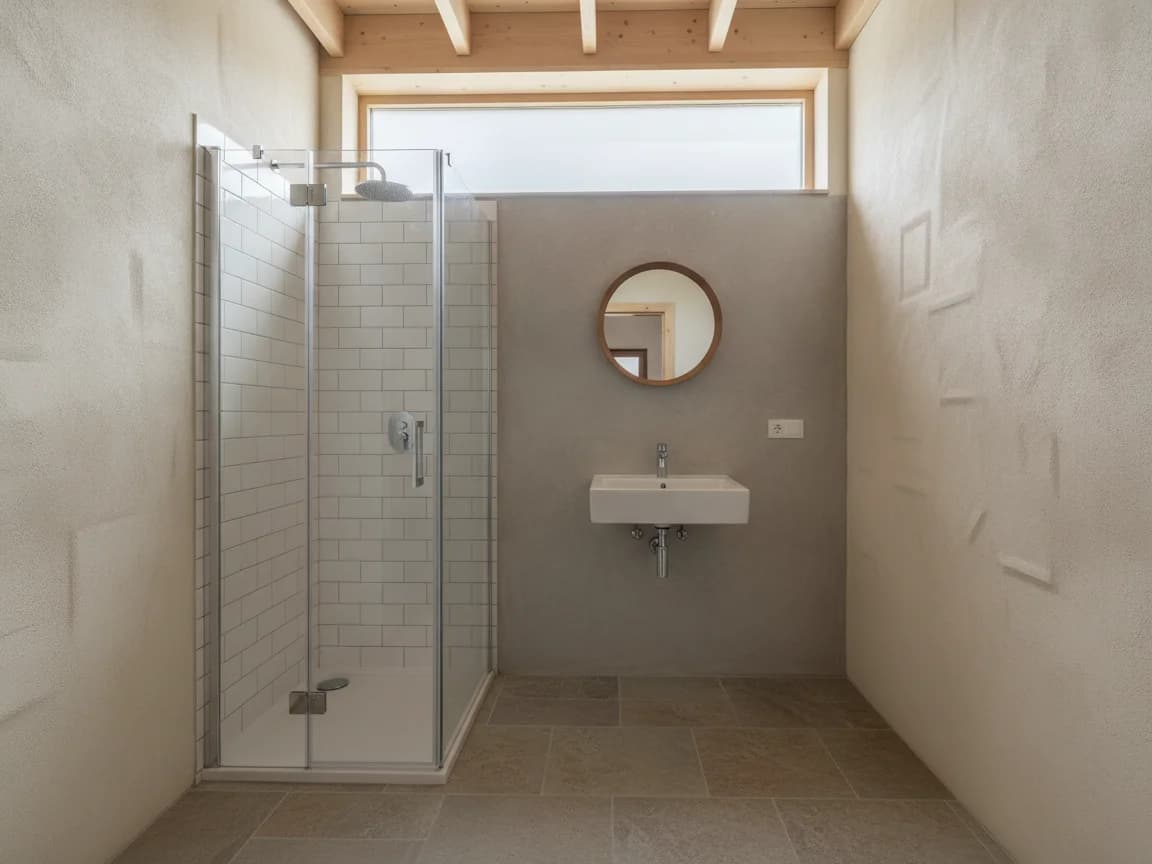 Compact bathroom with a glass shower in white subway tile, a wall-hung sink, a small round wood mirror, a stone-look floor and a high clerestory window beneath exposed wood beams