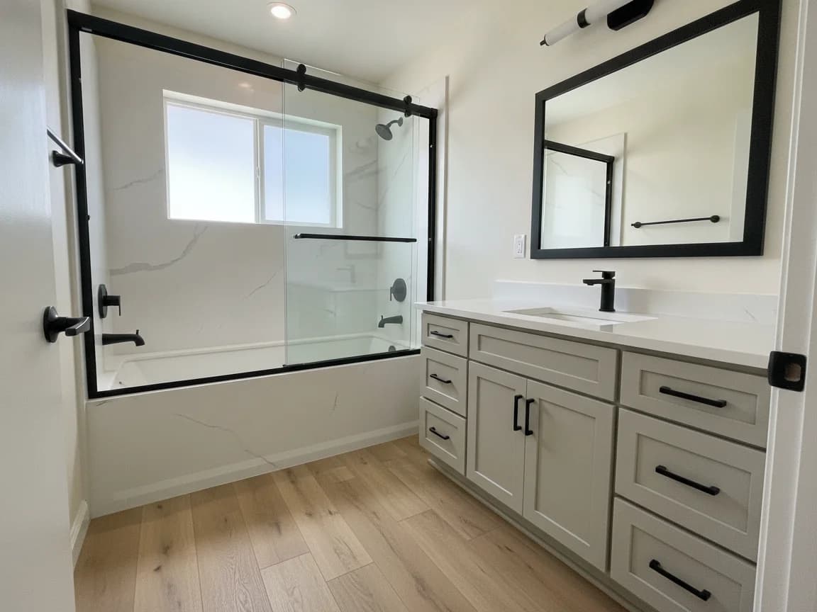 Hall bathroom with a tub in white marble-look surround behind black-framed sliding glass doors, a greige shaker vanity with a white top and black faucet, a black-framed mirror and a light wood-look plank floor