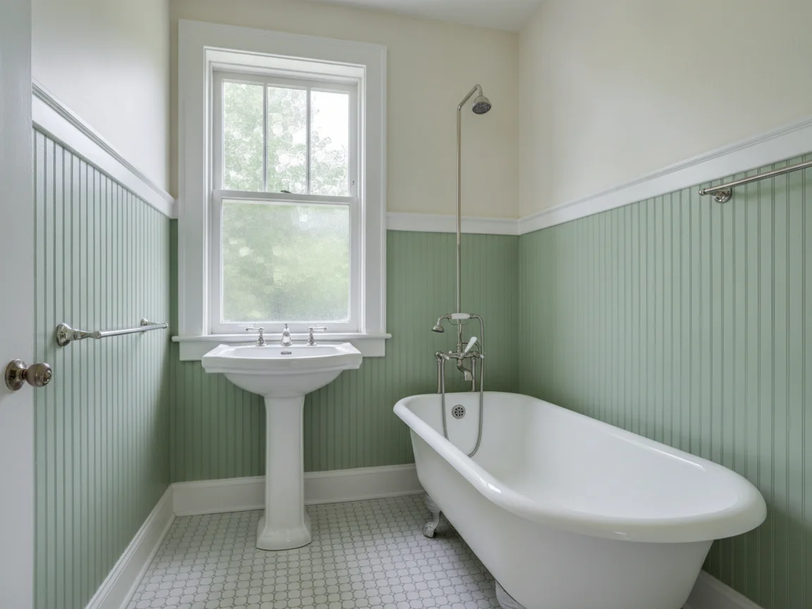 Bathroom with sage-green beadboard wainscot, a white clawfoot tub with a riser shower, a pedestal sink and white mosaic floor tile below a double-hung window