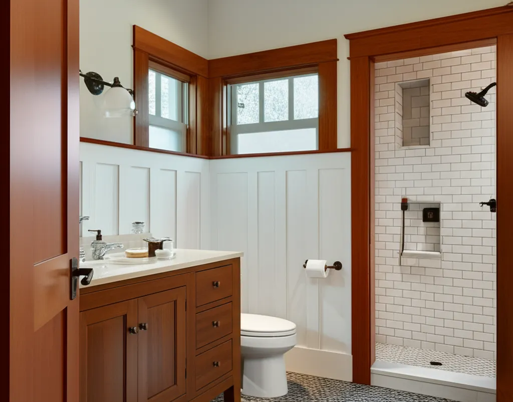 Craftsman-style bathroom with wood trim, board-and-batten wainscoting, a subway-tile walk-in shower and a wood vanity