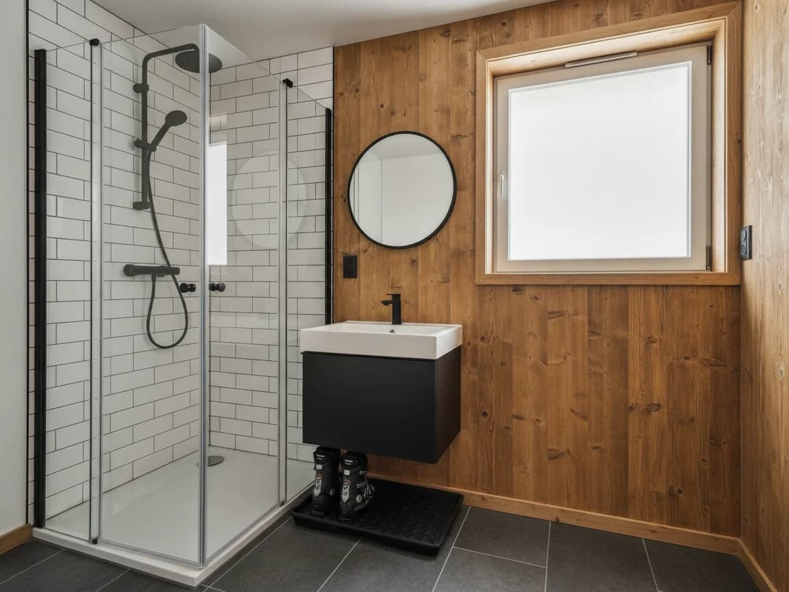 Compact cabin bathroom with a corner glass shower in white subway tile with black fixtures, a small black vanity with a white sink, a wood-paneled wall, a round mirror, a boot tray and a frosted window