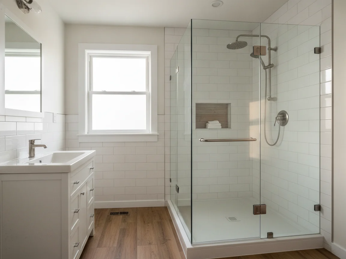 Bathroom with a glass walk-in shower in white tile with a niche, a grab bar and a slide-bar handheld, a white vanity, a wood-look floor and a double-hung window