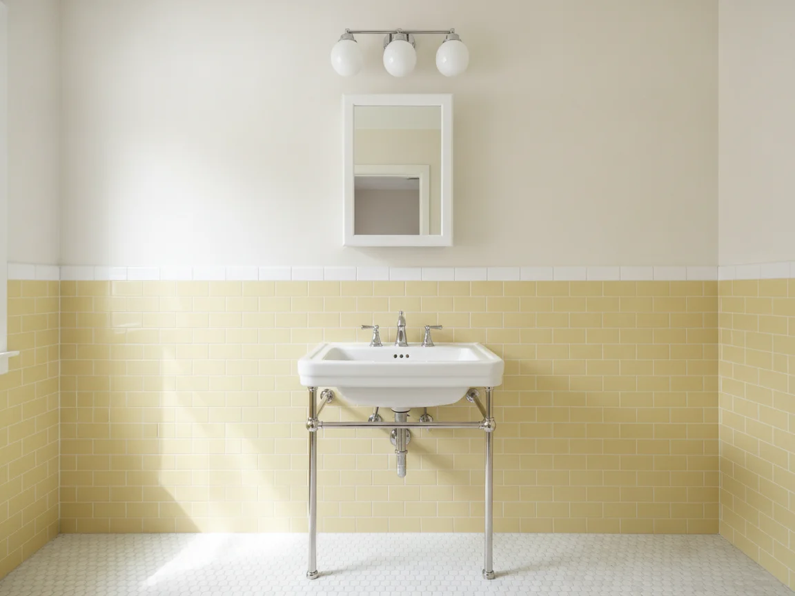 Retro-style bathroom with pale yellow tile wainscot, a white console sink on chrome legs, a framed medicine cabinet, a three-globe light and a white hexagon floor