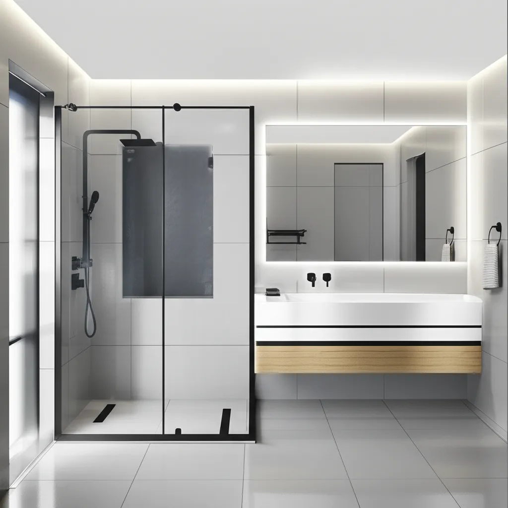 Black-framed glass shower beside a white floating vanity with a lighted mirror and matte black fixtures