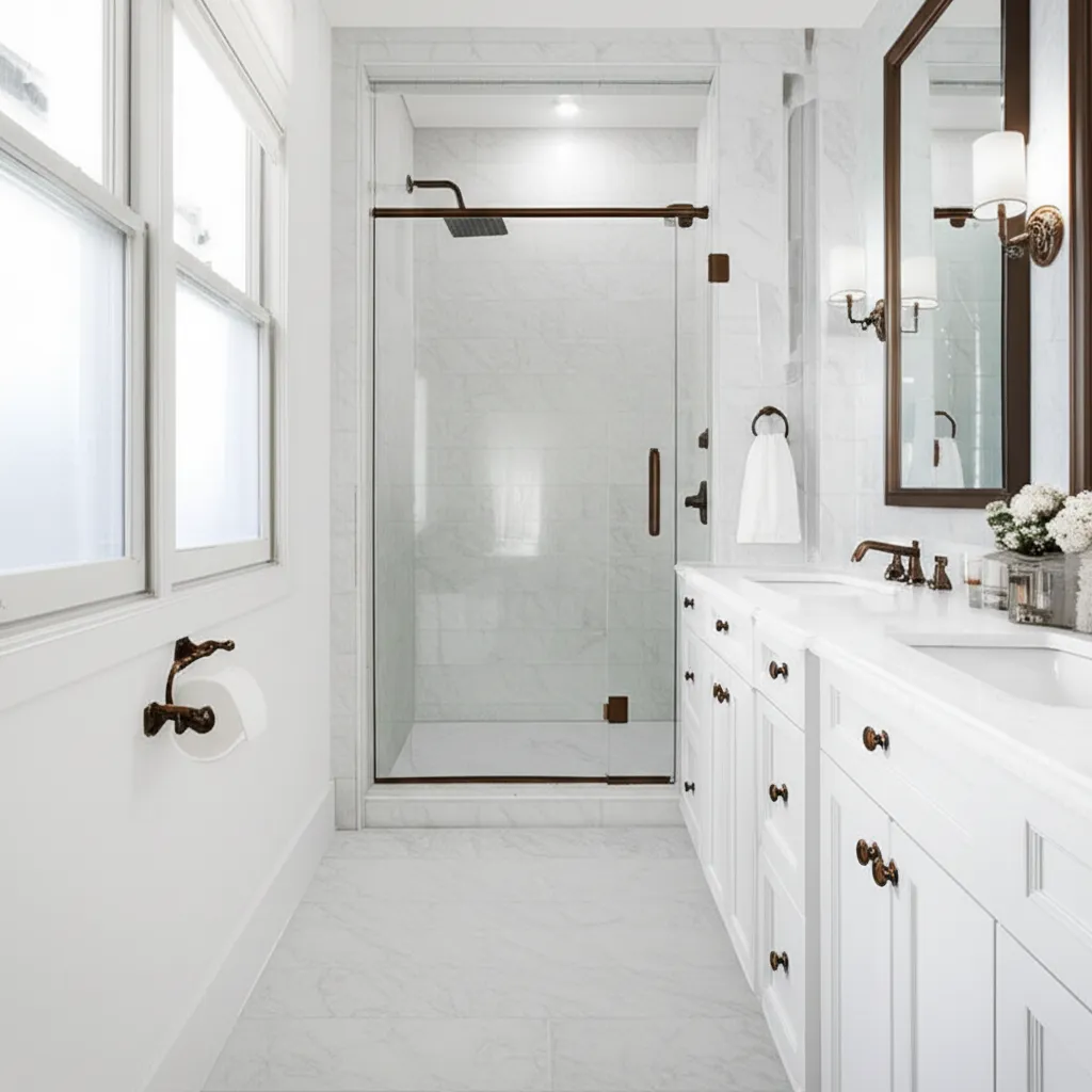 White shaker vanity and a glass shower with bronze fixtures in a bright bathroom with tall windows