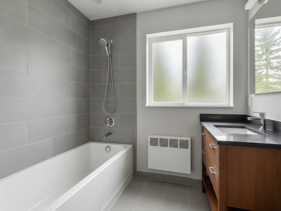 Bathroom with a white tub and hand shower in large gray tile, a wood vanity with a black countertop, a wall-mounted panel heater and a frosted window