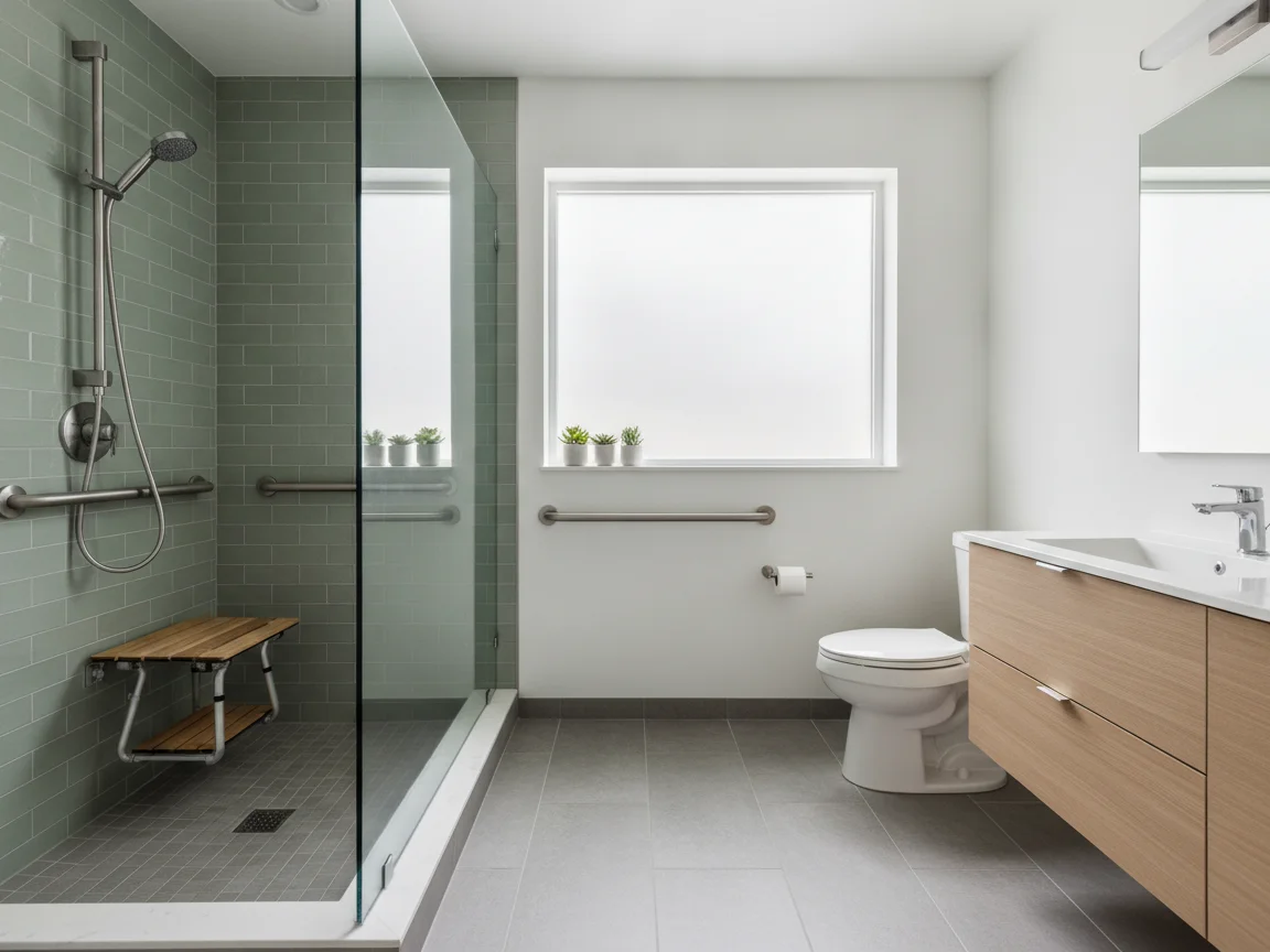 Accessible bathroom with a sage green tiled walk-in shower, fold-down teak seat, grab bars and a slide-bar handheld shower, a toilet with a grab bar and a floating wood vanity