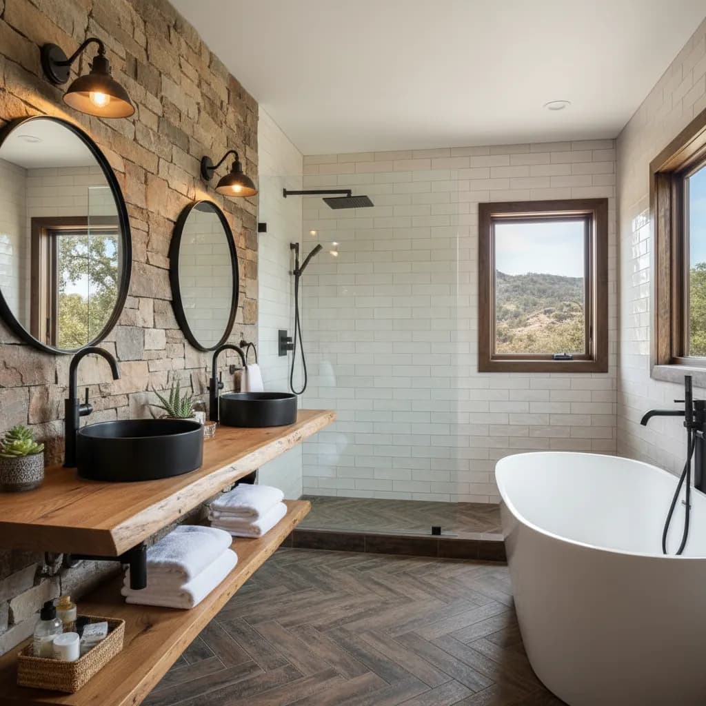 Walk-in shower with low threshold, a fold-down teak seat, grab bar and handheld showerhead on a slide bar