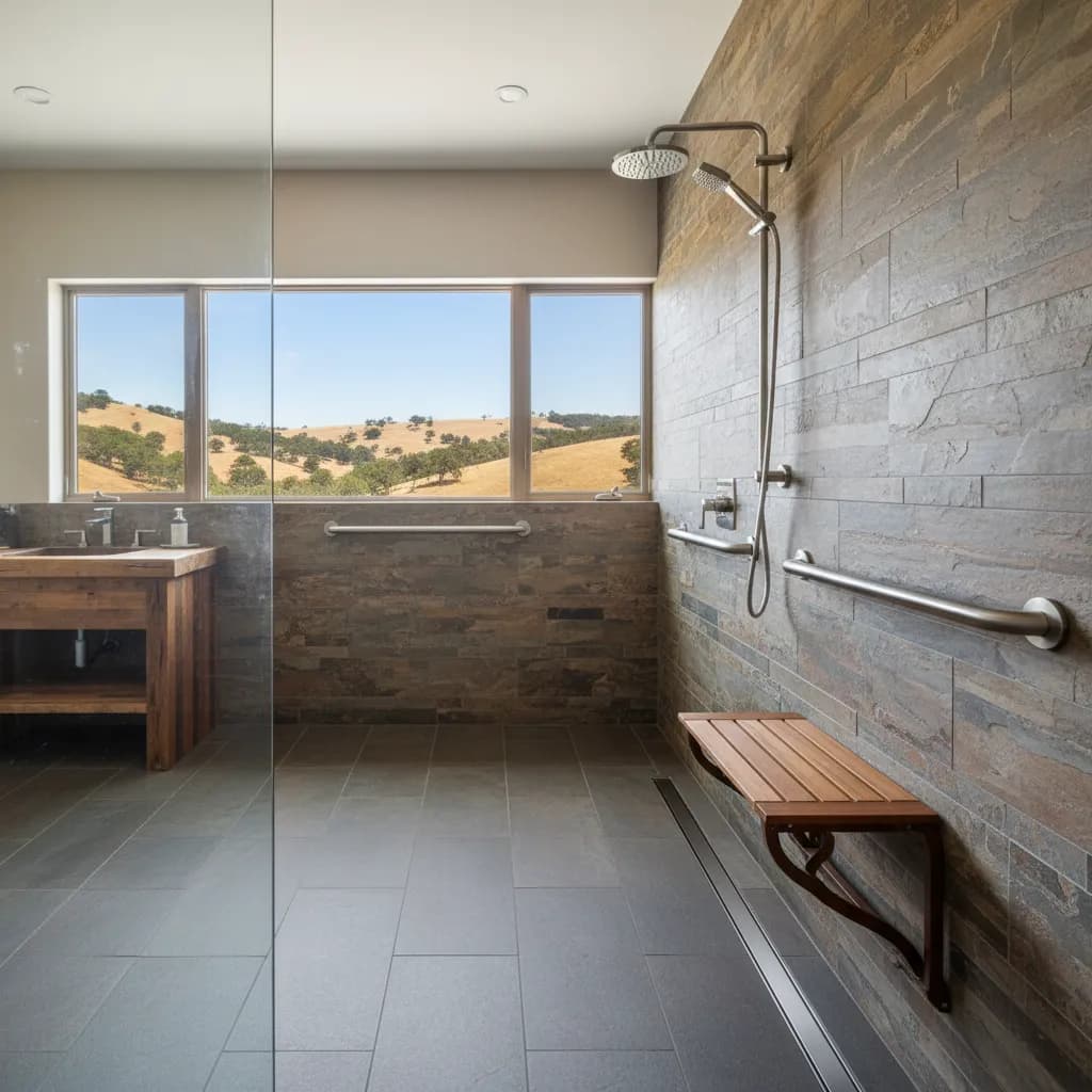 Curbless walk-in shower with slate-look wall tile, a linear drain, stainless grab bars, a fold-down wood bench, a rain head and handheld shower, and a wide window onto golden foothills