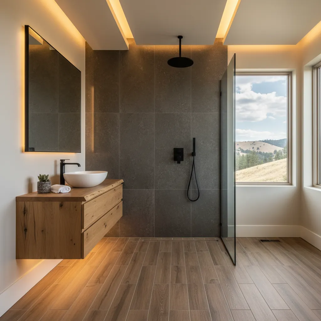 Dark-tile walk-in shower behind glass beside a floating wood vanity with a vessel sink and a lighted mirror, with a window to golden hills