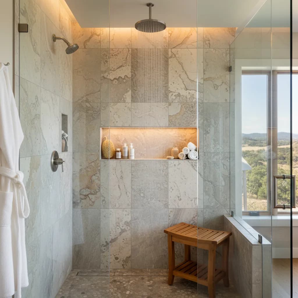 Spa-style shower with large-format stone-look tile, polished chrome rain head, frameless glass and a wall-mounted teak bench
