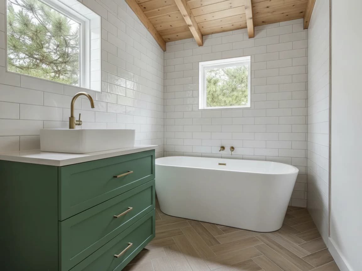 Cabin bathroom with a forest green vanity, rectangular vessel sink and brass faucet, a freestanding white tub, white subway tile walls, a beamed wood ceiling and windows onto pine branches