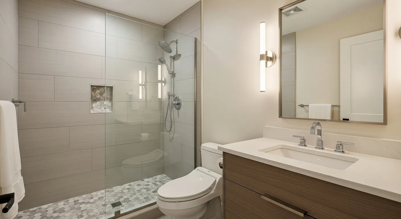 Compact bathroom where a frameless glass shower with river-rock flooring and a recessed niche sits beside a wood vanity, a toilet and a wall sconce
