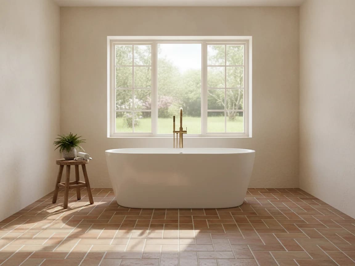 Bathroom with a freestanding white soaking tub under a window, a brass floor-mounted filler, terracotta tile floor, cream walls and a wood stool with a plant