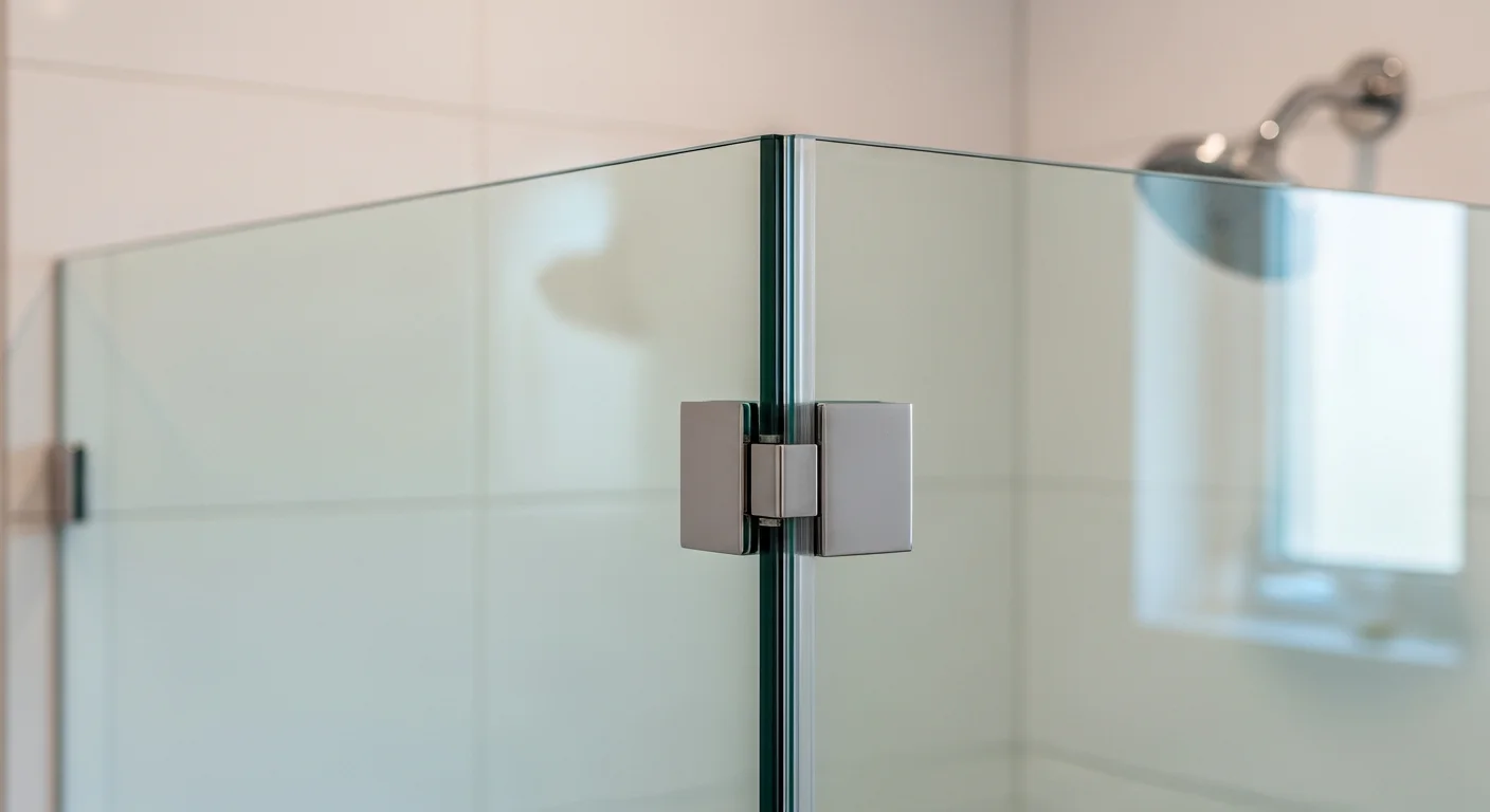 Close view of a clear frameless glass shower enclosure with a polished glass-to-glass hinge and a chrome shower head beyond