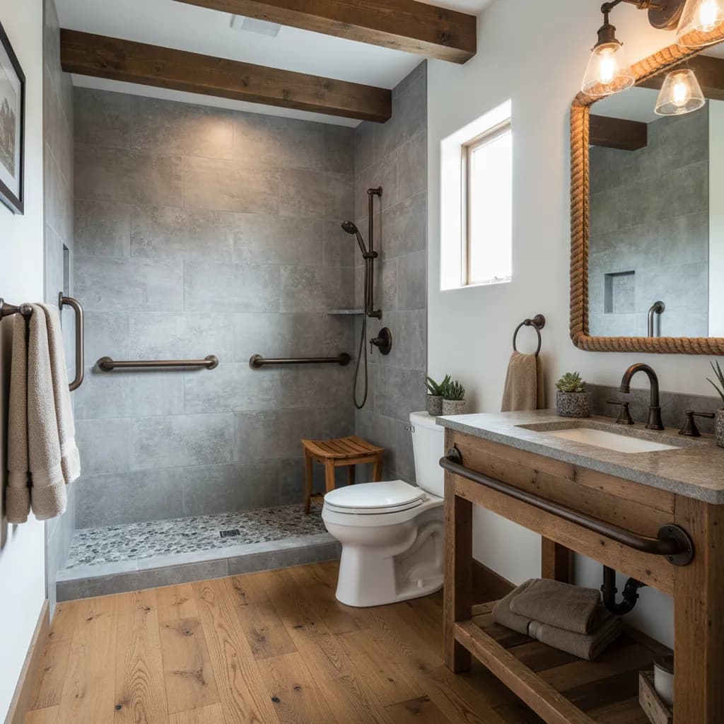 Low-entry walk-in shower with gray tile, grab bars, a handheld shower on a slide bar, a pebble floor and a teak stool, beside a rustic wood vanity with a grab bar along its front rail