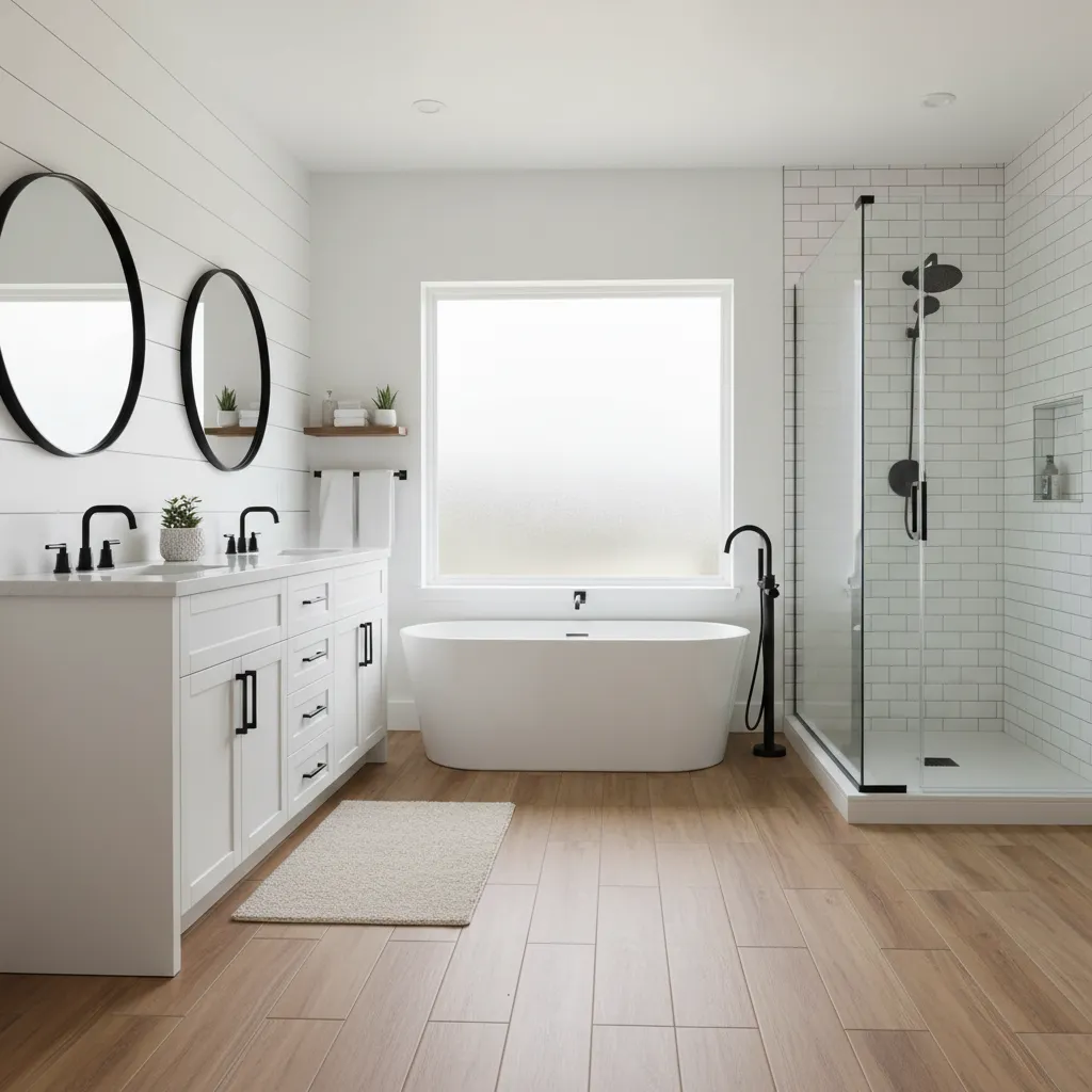 Farmhouse bathroom with a white double vanity and round black mirrors, a freestanding tub under a frosted window and a subway-tile glass shower