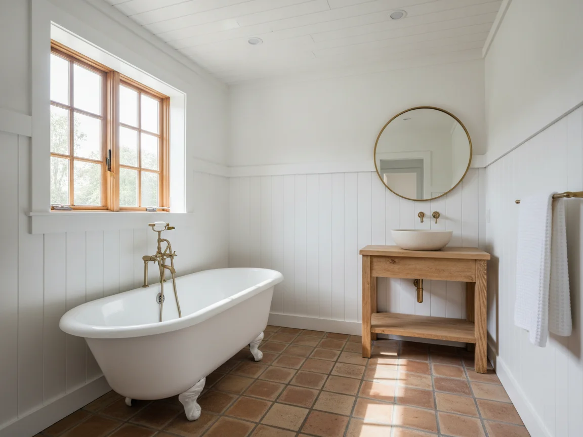 Farmhouse bathroom with a white clawfoot tub and brass handheld shower, white board-and-batten walls, terracotta floor tile and a small wood washstand with a vessel sink
