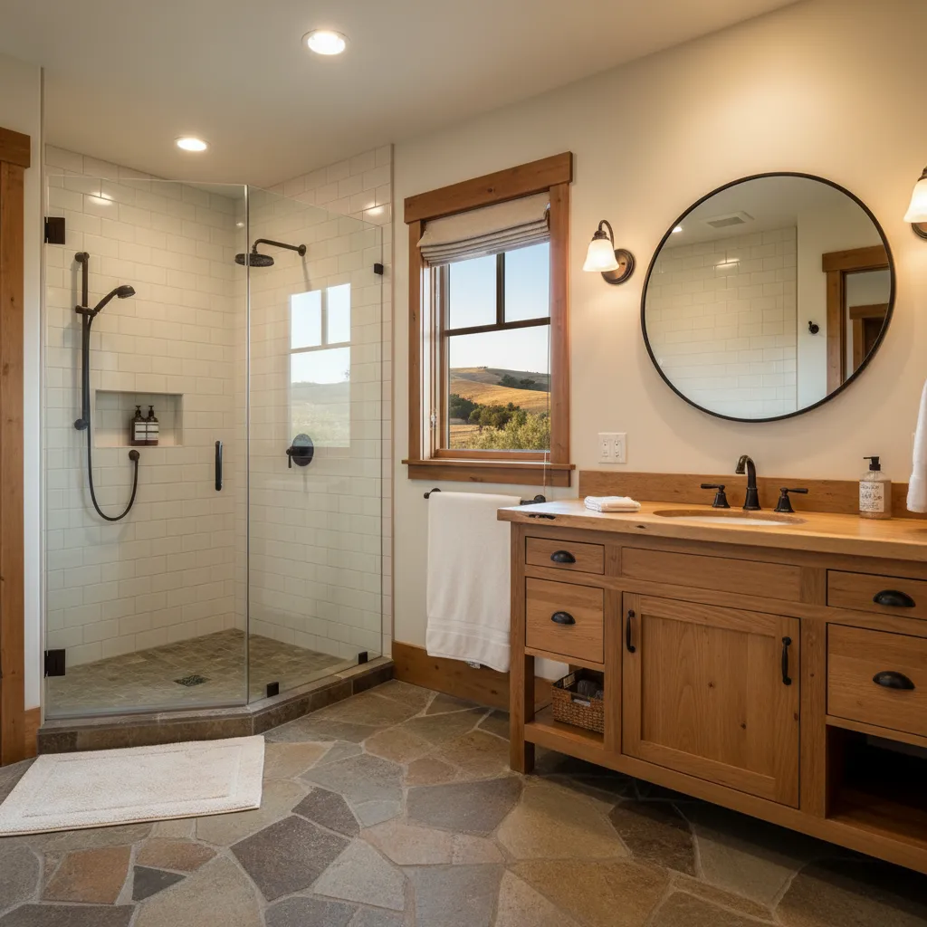 Frameless glass corner shower, slate-look floor tile and a wood vanity under a round mirror and window