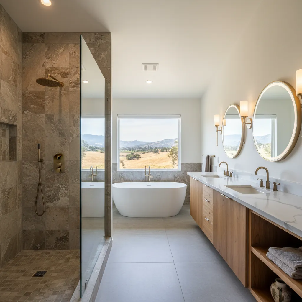 Stone-tile walk-in shower beside a freestanding tub under a window facing golden hills, with a wood double vanity and round mirrors