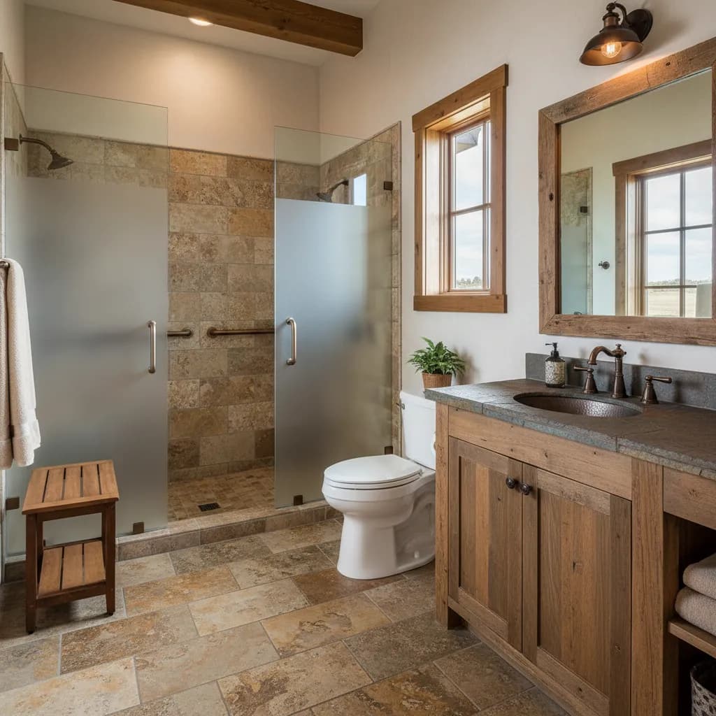 Stone-tile shower with frosted glass doors and a teak bench beside a wood vanity with a dark counter and wood-framed mirrors