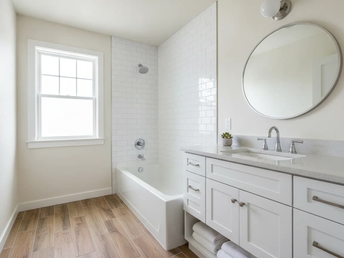 Guest bathroom with a white tub and subway-tile surround, a white shaker vanity with a gray top, a round mirror and wood-look plank flooring